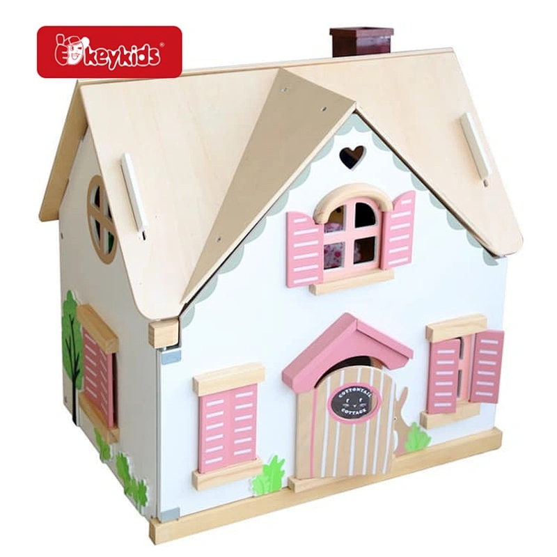 2026 Pink Cottage Wooden Dollhouse with Furniture and Dolls, Sturdy Pretend Play Doll House for Girls W06A721